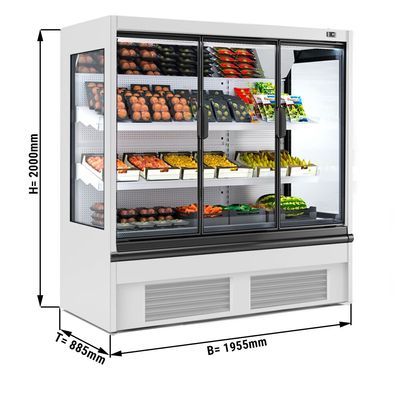 Wall-mounted refrigerated shelf - 1955mm - with LED lighting, insulated glass doors & 2 shelves