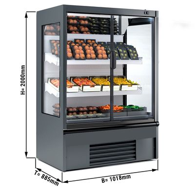 Wall-mounted refrigerated shelf - 1018mm - 528 litres - with LED lighting, insulated glass doors & 2 shelves