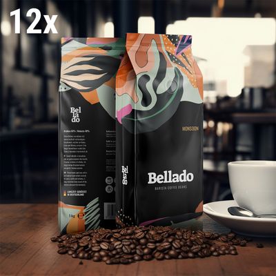 BELLADO | Κόκκοι Καφέ "Monsoon" - Συσκευασία αξίας - 12x 1kg - 60% Arabica & 40% Robusta