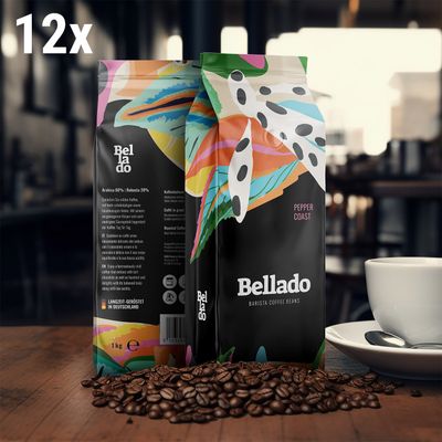 (12x) BELLADO | Boabe de cafea "Pepper Coast" - 1 kg - 80% Arabica & 20% Robusta