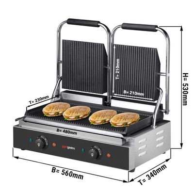 Contact grill - 3.6 kW - top & bottom grooved - grilling surface: 485x235mm