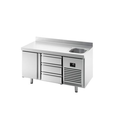 Kühltisch Premium PLUS - 1468x700mm - mit 1 Becken, 1 Tür, 3 Schubladen & Aufkantung