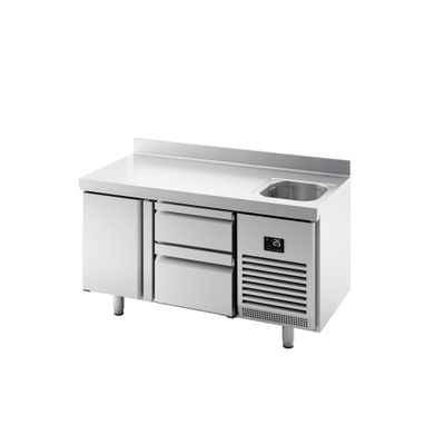 Kühltisch Premium PLUS - 1468x700mm - mit 1 Becken, 1 Tür, 2 Schubladen & Aufkantung