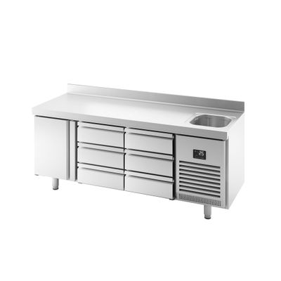 Kühltisch Premium PLUS - 1960x600mm - mit 1 Becken, 1 Tür, 6 Schubladen & Aufkantung