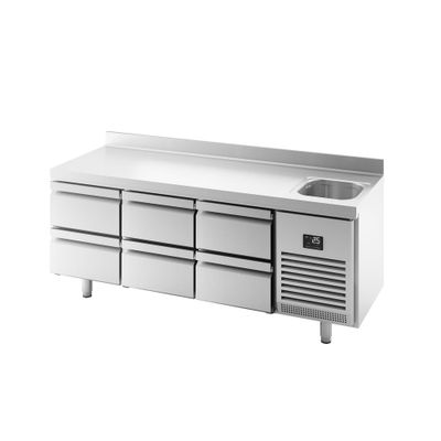Kühltisch Premium PLUS - 1960x600mm - mit 1 Becken, 6 Schubladen & Aufkantung