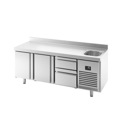 Kühltisch Premium PLUS - 1960x700mm - mit 1 Becken, 2 Türen, 2 Schubladen & Aufkantung