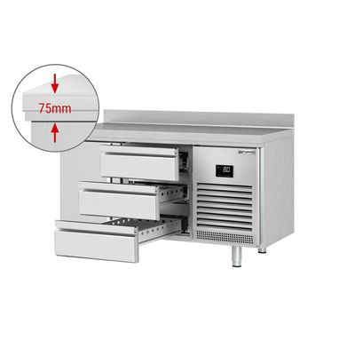 Kühltisch Premium PLUS - 1468x600mm - mit 1 Tür & 3 Schubladen & mit Aufkantung