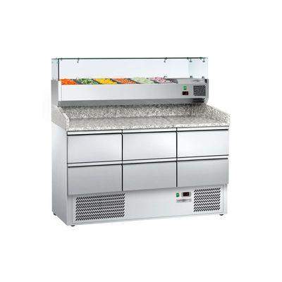 Pizzakühltisch ECO - 1400x700mm - mit 6 Schubladen 1/2 - inkl. Kühl-Aufsatzvitrine GN 1/4