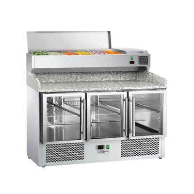 Pizzakühltisch ECO - 1400x700mm - mit 3 Glastüren - inkl. Kühlaufsatzvitrine - 6x GN 1/4