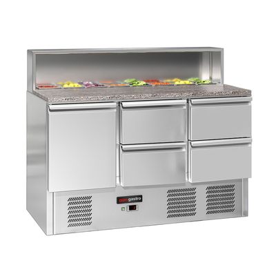 Saladette ECO - 1368mm - 1 Tür & 4 Schubladen - mit Edelstahlaufsatz für 8x GN 1/6