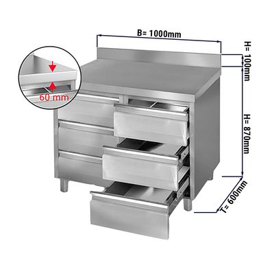 Armoire à tiroirs PREMIUM avec 6 tiroirs & rebord - 1000x600mm	