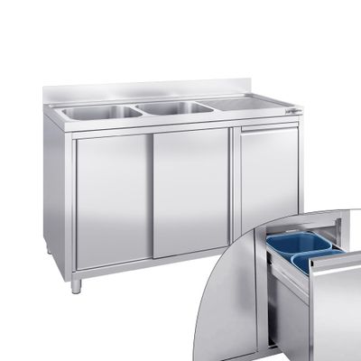 Spülschrank - 1400x600mm - mit Abfallbehälter & 2 Becken links