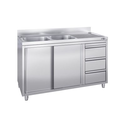 Spülschrank - 1400x600mm - mit 3 Schubladen & 2 Becken links