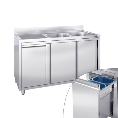 Spülschrank - 1400x700mm - mit Abfallbehälter & 2 Becken rechts