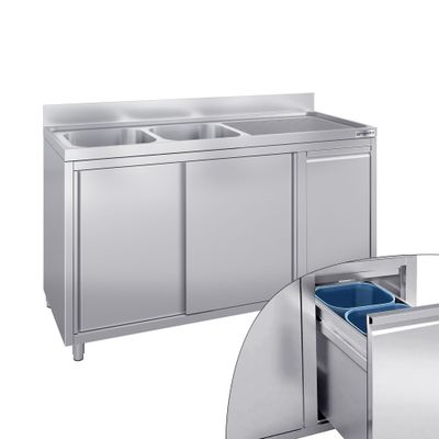 Spülschrank - 1600x600mm - mit Abfallbehälter & 2 Becken links