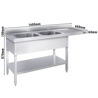 Stół zlewozmywakowy do zmywarki - 1,6 m - 2 umywalki po lewej - 40 x 40 x 25 cm
