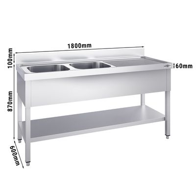 Mesa com pia de lavagem PREMIUM -  em Aço inoxidável - com base - 1,8 m - 2 Pias à esquerda C 50 x L 40 x P 25 cm