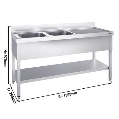 Edelstahl Spültisch PREMIUM mit Grundboden 1800x700mm 2 Becken