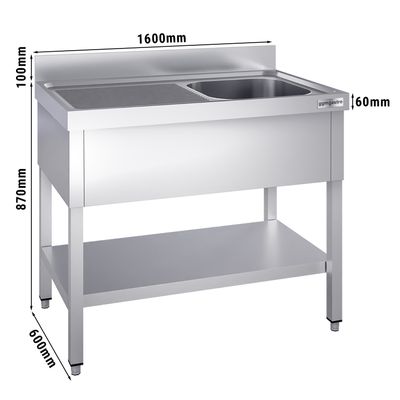 Mesa com pia de lavagem com base PREMIUM - 1,6 m – 1 pia à direita C 50 x L 40 x P 25 cm