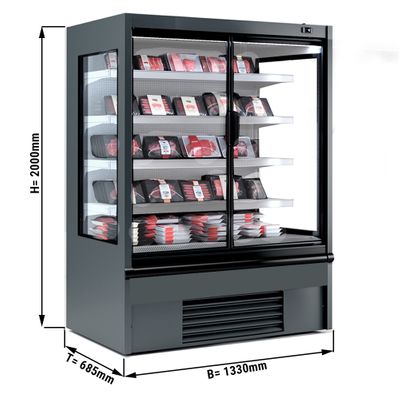 Пристенная холодильная горка - 1330мм - Со светодиодным освещением LED - с изолированными стеклянными дверями - 4 Полками