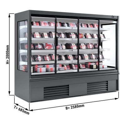 Wall-mounted refrigerated shelf - 2580mm - with LED lighting, insulated glass doors & 4 shelves