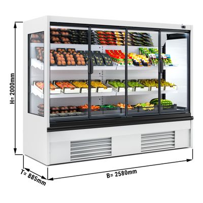 Wall-mounted refrigerated shelf - 2580mm - with LED lighting, insulated glass doors & 2 shelves