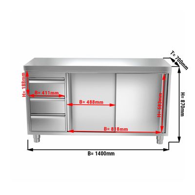 Stainless steel work cabinet PREMIUM - 1400x700mm - with 3 drawers on the left without backsplash