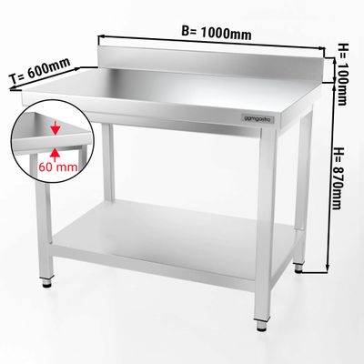 PREMIUM - طاولة عمل من الفولاذ المقاوم للصدأ 600×1000 مم - مع رف سفلي ومسند علوي