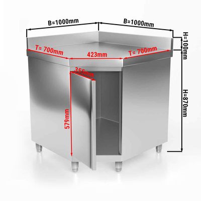 PREMIUM - خزانة عمل زاوية من الفولاذ المقاوم للصدأ -  700×1000 مم - مع باب مفصلات ومسند علوي