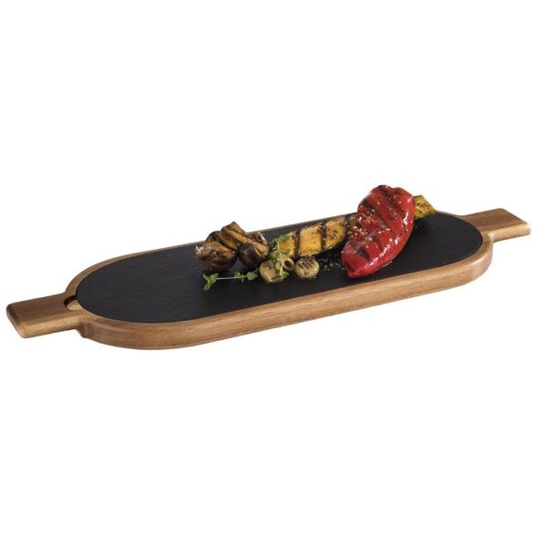 (6 Stück) Servierbrett - FUSIONA - 2-teiliges Set - inkl. Naturschieferplatte - 400x150mm - oval