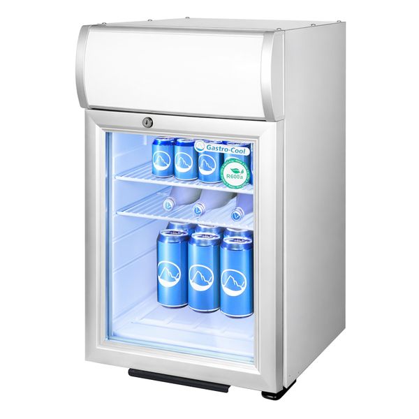 GASTRO-COOL | Werbekühlschrank mit Leuchthaube - 21 Liter - 1 Glastür - Silber - Innen: Weiß