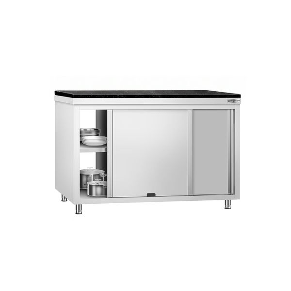 Edelstahl Arbeitsschrank PREMIUM - 1400x600mm - mit Durchreiche - inkl. Granitarbeitsplatte