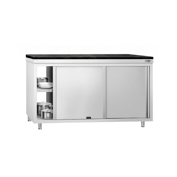 Edelstahl Arbeitsschrank PREMIUM - 1600x600mm - mit Durchreiche - inkl. Granitarbeitsplatte