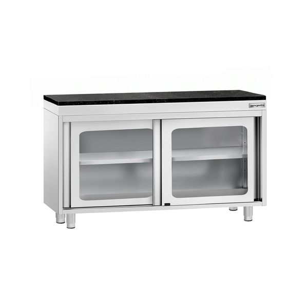 Edelstahl Arbeitsschrank PREMIUM - 1200x600mm - mit Glasschiebetür - inkl. Granitarbeitsplatte