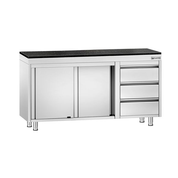 Edelstahl Arbeitsschrank PREMIUM - 1400x600mm - mit 3 Schubladen rechts - inkl. Granitarbeitsplatte