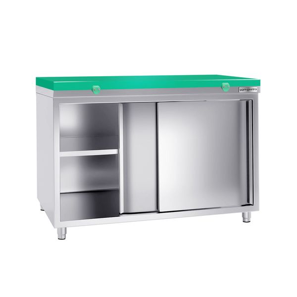 Edelstahl Arbeitsschrank PREMIUM - 1400x600mm - mit Schiebetür - inkl. Schneideplatte Grün