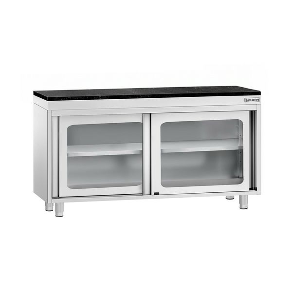 Edelstahl Arbeitsschrank PREMIUM - 1400x600mm - mit Glasschiebetür - inkl. Granitarbeitsplatte