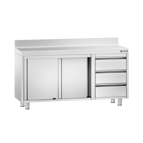 Edelstahl Arbeitsschrank PREMIUM - 1400x700mm - mit 3 Schubladen rechts & Aufkantung