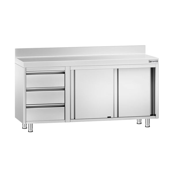 Edelstahl Arbeitsschrank PREMIUM - 1600x600mm - mit 3 Schubladen links & Aufkantung