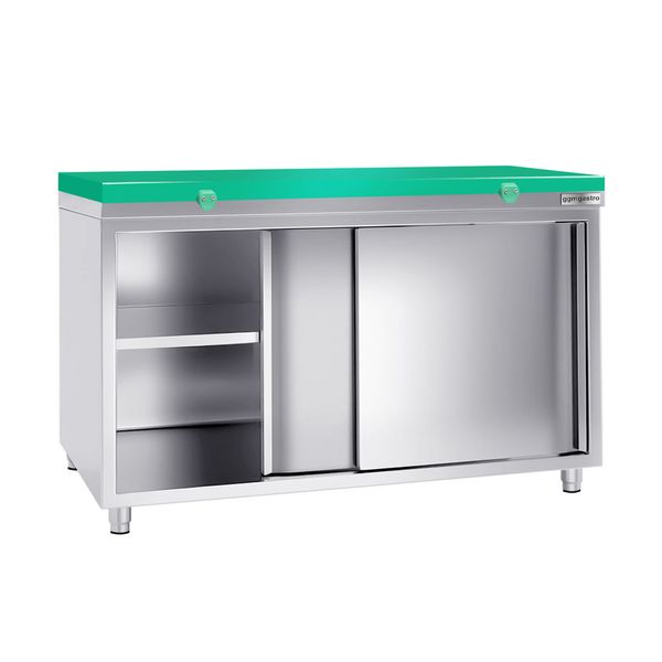 Edelstahl Arbeitsschrank PREMIUM - 1600x600mm - mit Schiebetür - inkl. Schneideplatte Grün