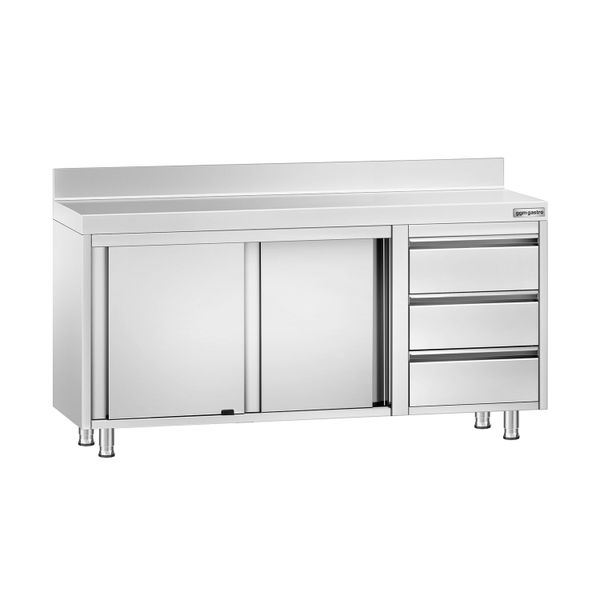 Edelstahl Arbeitsschrank PREMIUM - 1600x700mm - mit 3 Schubladen rechts & Aufkantung