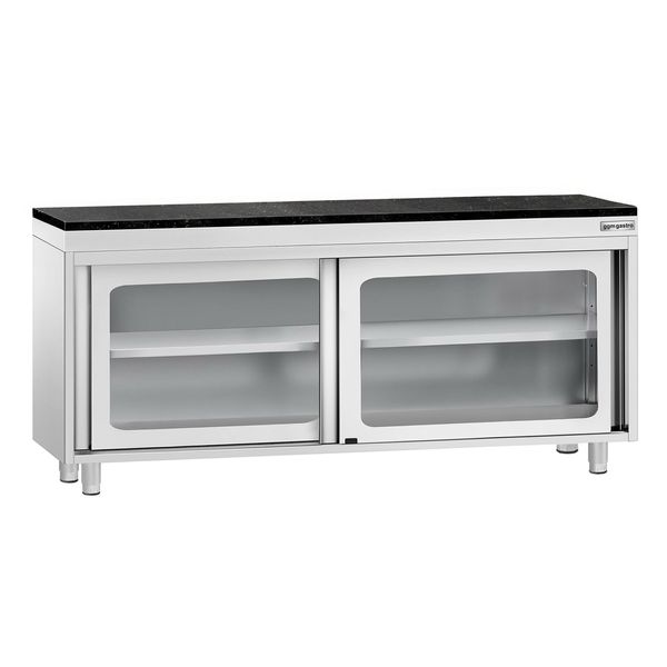 Edelstahl Arbeitsschrank PREMIUM - 1800x600mm - mit Glasschiebetür - inkl. Granitarbeitsplatte