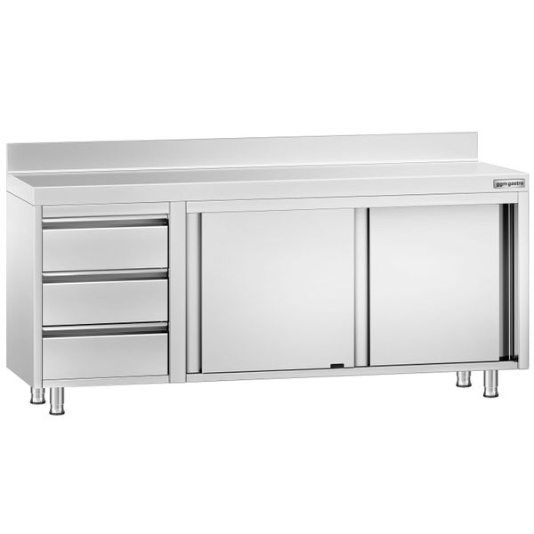 Edelstahl Arbeitsschrank PREMIUM - 2000x700mm - mit 3 Schubladen links & Aufkantung