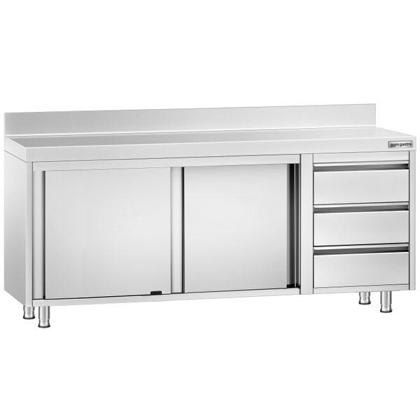 Edelstahl Arbeitsschrank PREMIUM - 2000x700mm - mit 3 Schubladen rechts & Aufkantung
