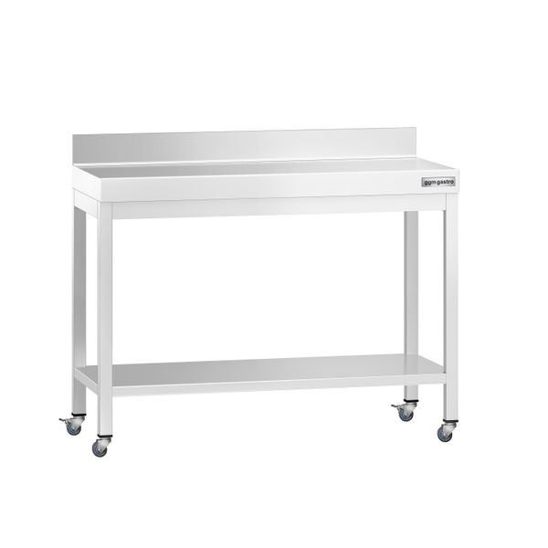 Edelstahl Arbeitstisch PREMIUM - 1000x800mm - mit Grundboden, Aufkantung & Rollen
