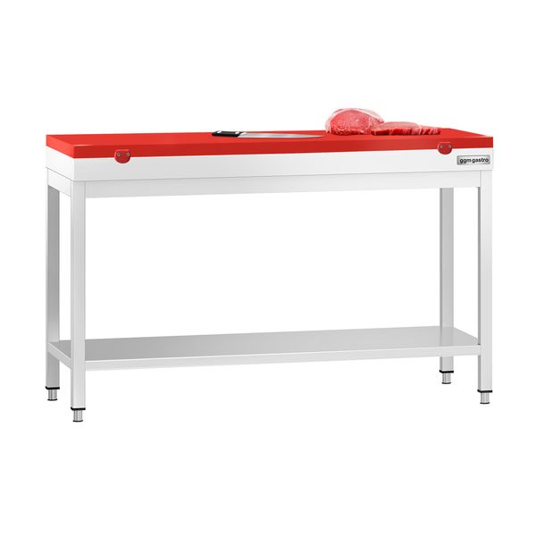 Edelstahl Arbeitstisch PREMIUM - 1400x600mm - mit Grundboden - inkl. Schneideplatte Rot