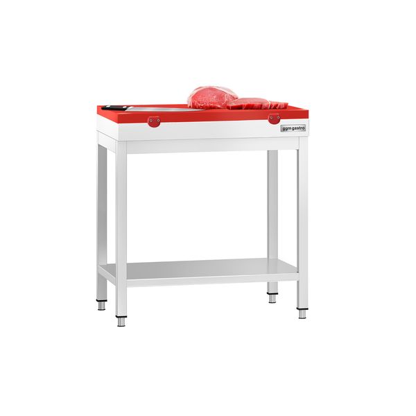 Edelstahl Arbeitstisch PREMIUM - 600x600mm - mit Grundboden - inkl. Schneideplatte Rot