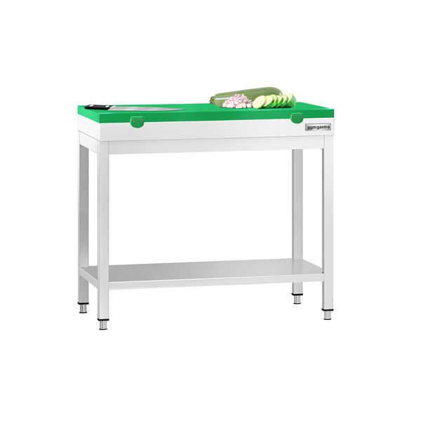 Edelstahl Arbeitstisch PREMIUM - 800x600mm - mit Grundboden - inkl. Schneideplatte Grün
