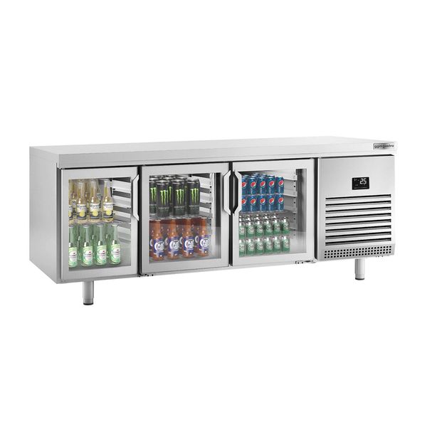 Bar Getränkekühltisch Premium PLUS - EN 600x400 - mit 3 Glastüren & Durchreiche