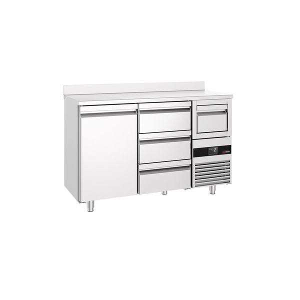 Bar- & Getränkekühltisch PREMIUM - 1580x600mm - mit 1 Tür, 3 Schubladen, Aufkantung & Ausklopfer für Kaffee